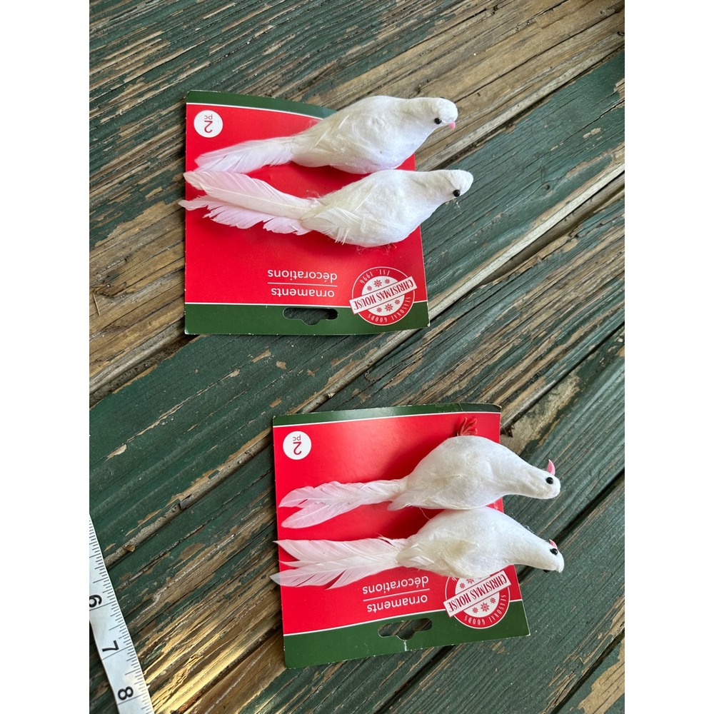 Christmas House White Dove Ornaments 4pc Set Feathered Bird Holiday Decor A3564